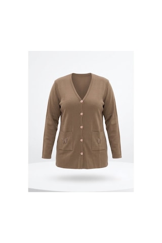 Onno Style Women Cebi Kelebek Taşlı Çelik Örgü Klasik Triko Ceket Vizon