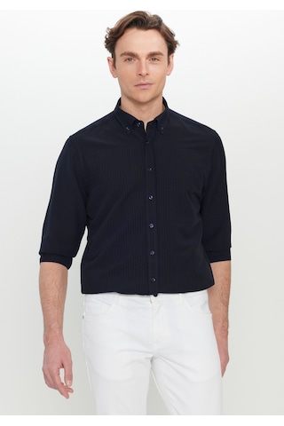 AC&Co / Altınyıldız Classics  Erkek Lacı Slim Fit Dar Kesim Düğmeli Yaka Armürlü Gofre Desenli Gömlek Lacı Lacivert