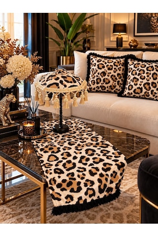 Missidea Leopard Luxury Desenli Dekoratif Masa Üstü Lambası Bali Şemsiyesi Seti Şemsiye + Runner + 2 Li Kırlent Kılıfı Çok Renkli 69841645