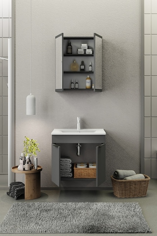 Biani Fix Loft 65 Cm Banyo Dolabı,Seramik Lavabolu, Aynalı,Lavabo Dahil,Mdf,Mat Gri