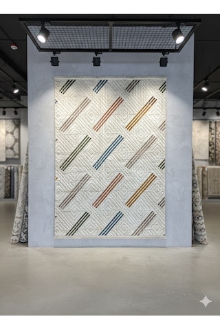 Konak Halı Renkli Modern Halı Geometrik Desenli Emboss Saçaklı Salon Halısı Krem