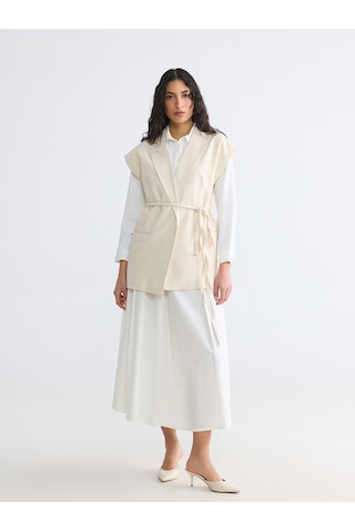 Lcw Modest Ekru Keten Karışımlı Beli Kuşaklı Kadın Klasik Yelek