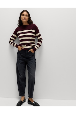 Marks & Spencer Air-yarn Çizgili Yuvarlak Yaka Triko Kazak Bordo