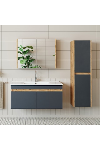 Roomart 'lavabolu' Atlantik - Antrasit Mdf 100 Cm Banyo Dolabı Atlantik Çam - Antrasit