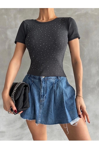 Defymoda Önü Taşlı Antrasit Bluz S3512 Antrasit