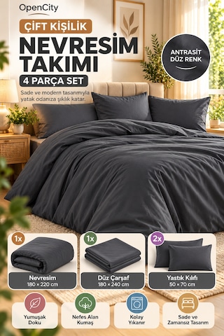 Çift Kişilik Antrasit Nevresim Takımı 4 Parça Düz Renk 180x220 Nevresim 180x240 Çarşaf 2 Yastık Klf