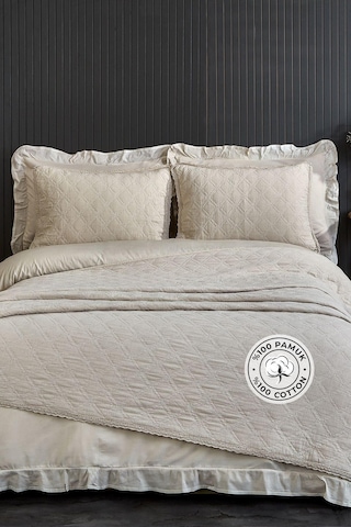 Evlen Home %100 Pamuk Çift Kişilik Özel Taş Yıkama Nevresimli Yatak Örtüsü Seti 7 Parça Yumuşak Barbara Bej