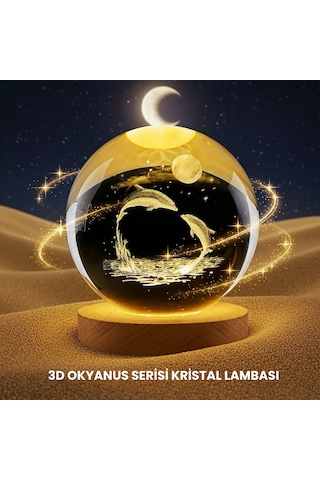 Yunus Temalı Kristal Küre Usb Işıklı Ahşap Altlıklı Gece Lambası Açık Renk Ahşap