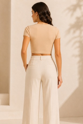 Loule Kadın Bisiklet Yaka Kısa Kollu Crop Top Bej %92 Pamuk