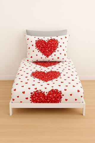 Desenli Tek Kişilik Kırmızı Kalp Lastikli Çarşaf Ve Yastık Kılıfı Kırmızı