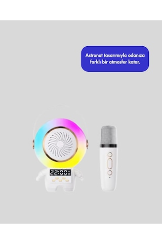 Mey İthalat Renkli Işıklı Astronot Mini Bluetooth Speaker Ve Karaoke Mikrofon