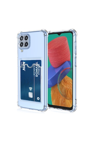 Samsung Samsung Uyumlu Galaxy M22 Kapak Kamera Korumalı Kartlıklı Darbe Emici Özellikli Şeffaf Silikon Kılıf