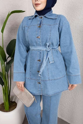 Misskayle Kuşaklı Düğmeli Denim Takım Rahat Kesim İkili Kombin Buz Mavisi Buzmavi