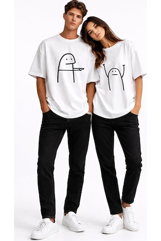 Nevermind Komik Çöp Adam Çift Tişörtü Oversize Unisex Sevgili Kombini Baskı Beyaz