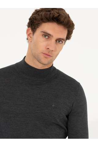 Cacharel Antrasit Melanj Slim Fit Yarım Balıkçı Basic Triko Kazak Gri