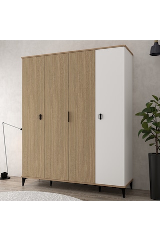 6404 Neva 4 Kapılı 200 Cm Gizli Çekmeceli Gardırop , Elbise Dolabı , Genç Odası Sepet - Beyaz