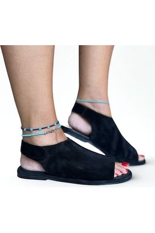 Ne&ve Shoes Siyah Süet Hakiki Deri Cırtlı Kadın Günlük Sandalet