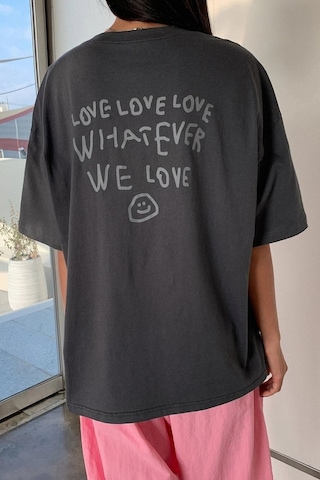 Whatever We Love T-shirt - Füme Baskılı Oversize Bisiklet Yaka Kısa Kol Füme