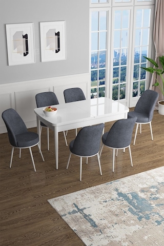 Canisa Han Serisi, Beyaz 70x114 Açılabilir Mdf Mutfak Masa Takımı, 6 Füme Sandalye Masa Beyaz Sandalyeler Füme