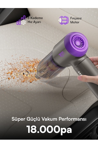 7go 7gab-02 Kablosuz Araç İçi Süpürge 18.000pa Güçlü Emiş Fırçasız Motor 6000mah Batarya Toz