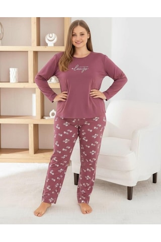 Pijamoni Kadın Milan Büyük Beden Bisiklet Yaka Uzun Kol İnce Pijama Takımı 7666/38 - 1 Adet Gülkurusu
