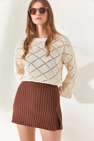 Alisse Kadın Kahverengi Çizgili Likralı Mini Yırtmaçlı Şort Etek Kahvrengi Çizgili Kahverengi