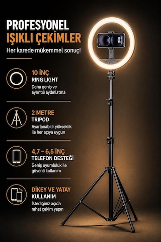 Ayrex 10 İnç Ring Light Tripodlu 3 Renk Bluetooth 5.2 2.1 M Np-l20s