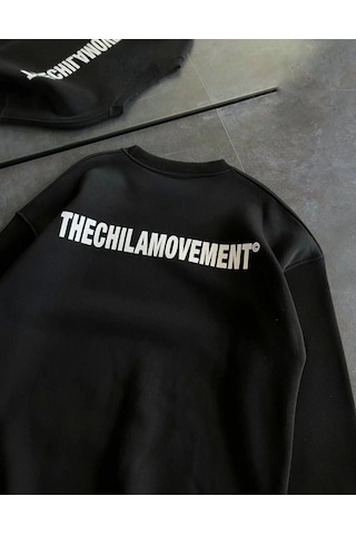 İkales Kışlık Bisiklet Yaka Oversize Baskılı Sweatshirt - Siyah