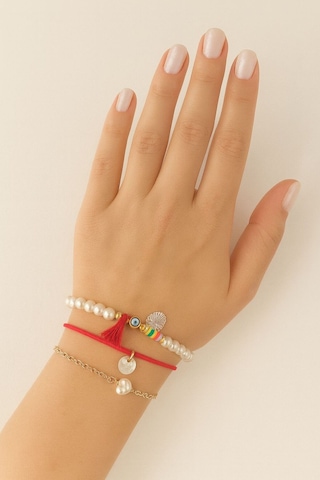 3lü Nazar Boncuklu İncili Püsküllü Asansörlü Lastikli Kırmızı İp Bileklik. Kadın İp Bileklik Halhal Çok Renkli