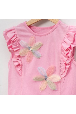 Overdo Kids Kız Çocuk Çiçekli Fırfırlı Kısa Kollu %100 Pamuklu T-shirt Pembe