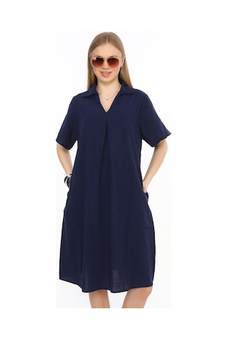 Yarım Kol V Yaka Keten Elbise-9164 Lacivert