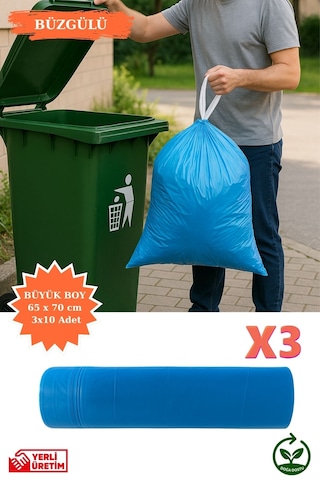 Premium Büzgülü Büyük Boy Çöp Poşeti 65x70 Cm 3x10 Adet Ev Mutfak İş Ofis Avantajlı Ekonomik Paket