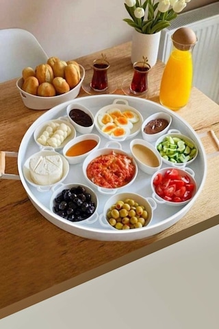 Qerhome Galvaniz 51 Cm Beyaz Ahşap Kulplu Yuvarlak Tepsi Beyaz