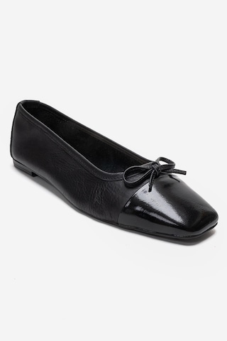 Luvi Shoes Romy Siyah-siyah Rugan Hakiki Deri Küt Burunlu Fiyonklu Kadın Babet Ayakkabı