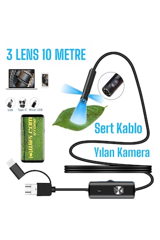 Yılan Kamera 3 Lens 10 Metre Sert Kablo