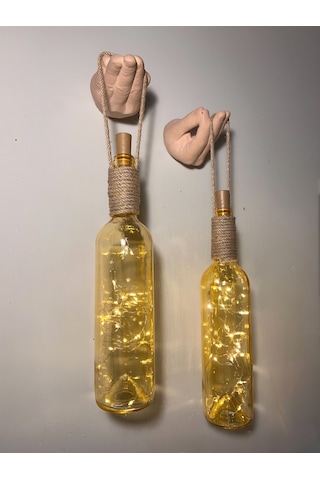 El Figürlü Duvar Lambası Pilli Led Işıklı Dekoratif Vitray Boyalı Cam Şişe Aydınlatma Vintage El Sarı Işık