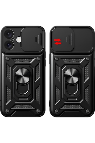 Apple Uyumlu iPhone 14 Kılıf Sürgülü Kamera Korumalı Yüzüklü Stand Olabilen Magnetic Tpu Tank Kapak