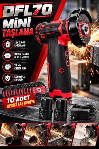 Dfl70 Şarjlı Mini Taşlama Makinesi 12v Li-ıon Çift Akü 76 Mm Kesici Disk Ve 10 Adet Taş