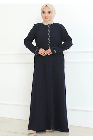 Büyük Beden Taş Detaylı Ferace Lacivert