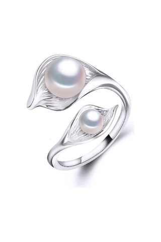 Beyaz Lsooyh Moda Yaprak Tasarım Çift İnci Yüzük Doğal Tatlı Su Inci Yüzükler Kadınlar Için Beyaz