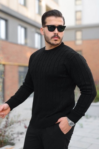 Erkek Örgü Desen Bisiklet Yaka Kazak Siyah