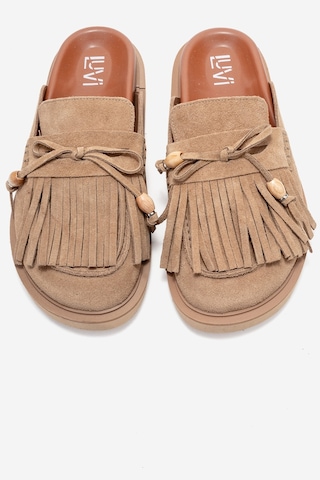 Carol Toprak Süet Püsküllü Hakiki Deri Kadın Burnu Kapalı Terlik Toprak