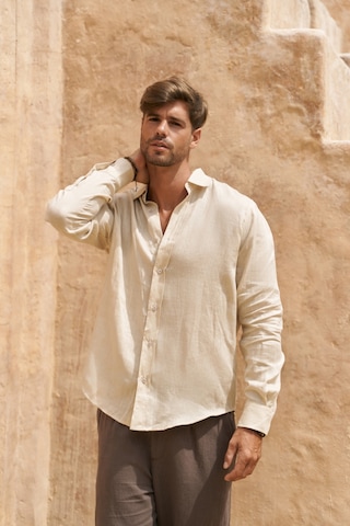 Mai Collection Mai Studios Co. Agnola Oversize Erkek Taş Keten Gömlek Taş