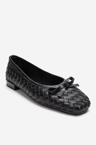 Luvishoes Garen Siyah Örgü Hakiki Deri Fiyonklu Kadın Babet Ayakkabı