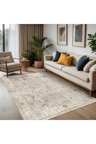Latte Dizayn Monty Vintage Desenli Şönil Pamuk Tabanlı Yıkanabilir Kaymaz Antibakteriyel Salon Halısı 80x200 Genel
