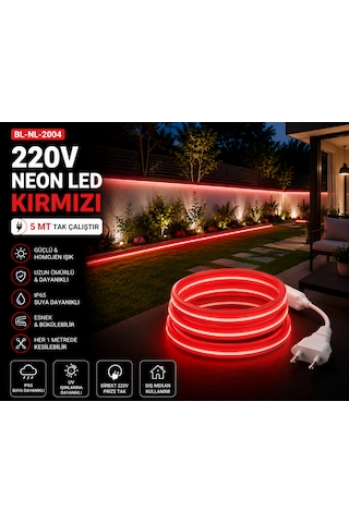 5 Metre Tak Çalıştır Kırmızı Renk Neon Led Borsan 220v Neon Led Kırmızı Montaj Aparatı Dahil Kırmızı - 5 Metre