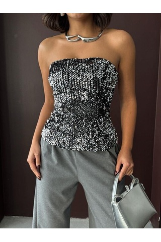 Ckm Moda Rubina Payetli Straplez Bluz Gümüş