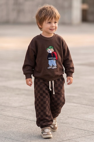 Babymod Erkek Çocuk Ayıcık İşlemeli 3 İplik Pamuklu Kumaş Sweatshirt Ve Damalı Eşofman Altüst Takım Kahverengi