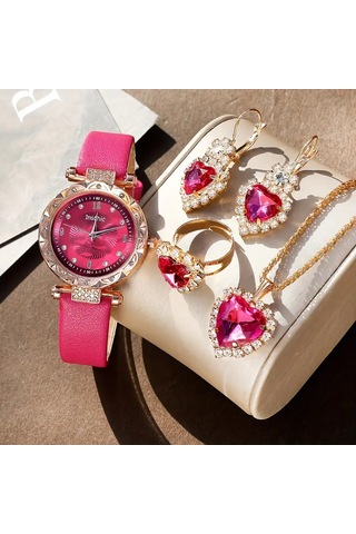 Kadın Vintage Yuvarlak Saat Analog Ve Kolye+küpe+yüzü Rose Gold