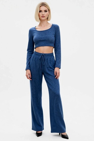 Benerly Kadın Alt Üst Koyu Yumoş Örme Crop Ve Geniş Paça Pantolon Takım F Indigo